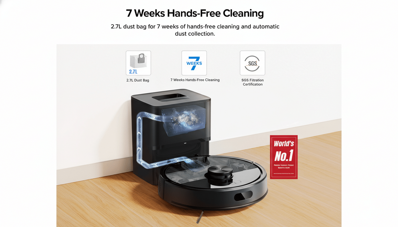 A black robotic vacuum cleaner and its dust collection station are shown on a light wooden floor against a white wall. Above them, text reads 7 Weeks Hands-Free Cleaning and 2.7L dust bag for 7 weeks of hands-free cleaning and automatic dust collection. Three icons below the text represent 2.7L Dust Bag, 7 Weeks Hands-Free Cleaning, and SGS Filtration Certification. A red Worlds No. 1 Robotic Vacuum Cleaner Brand in 2024 badge is visible on the right.