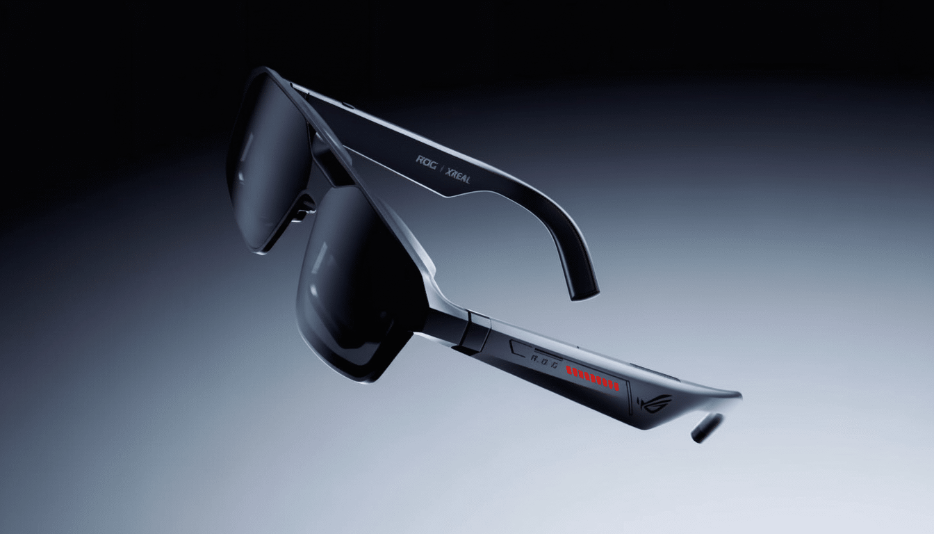 A pair of black ROG XREAL smart glasses floating against a dark to light gray gradient background.