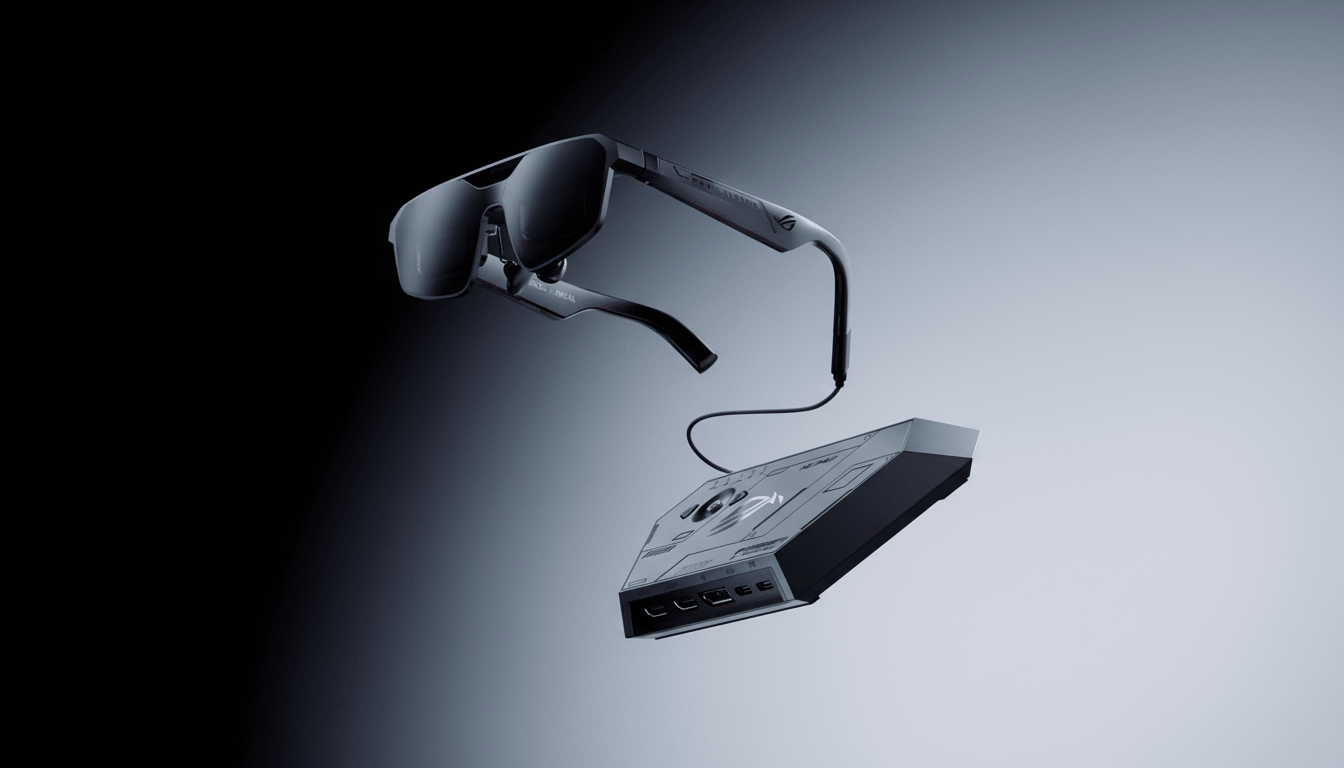 A pair of black smart glasses with a red light on the side, connected by a cable to a rectangular gray device with multiple ports, all set against a gradient background from dark to light gray.