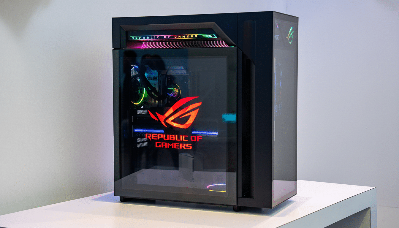 Asus ROG G1000 gaming desktop with holographic PC panels and RGB accents