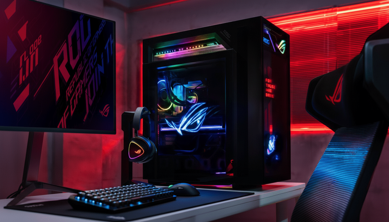 A professionally enhanced image of a gaming setup featuring a black desktop computer with colorful LED lighting, a monitor displaying a Republic of Gamers logo, a gaming headset, keyboard, and mouse, all set against a red-lit background.