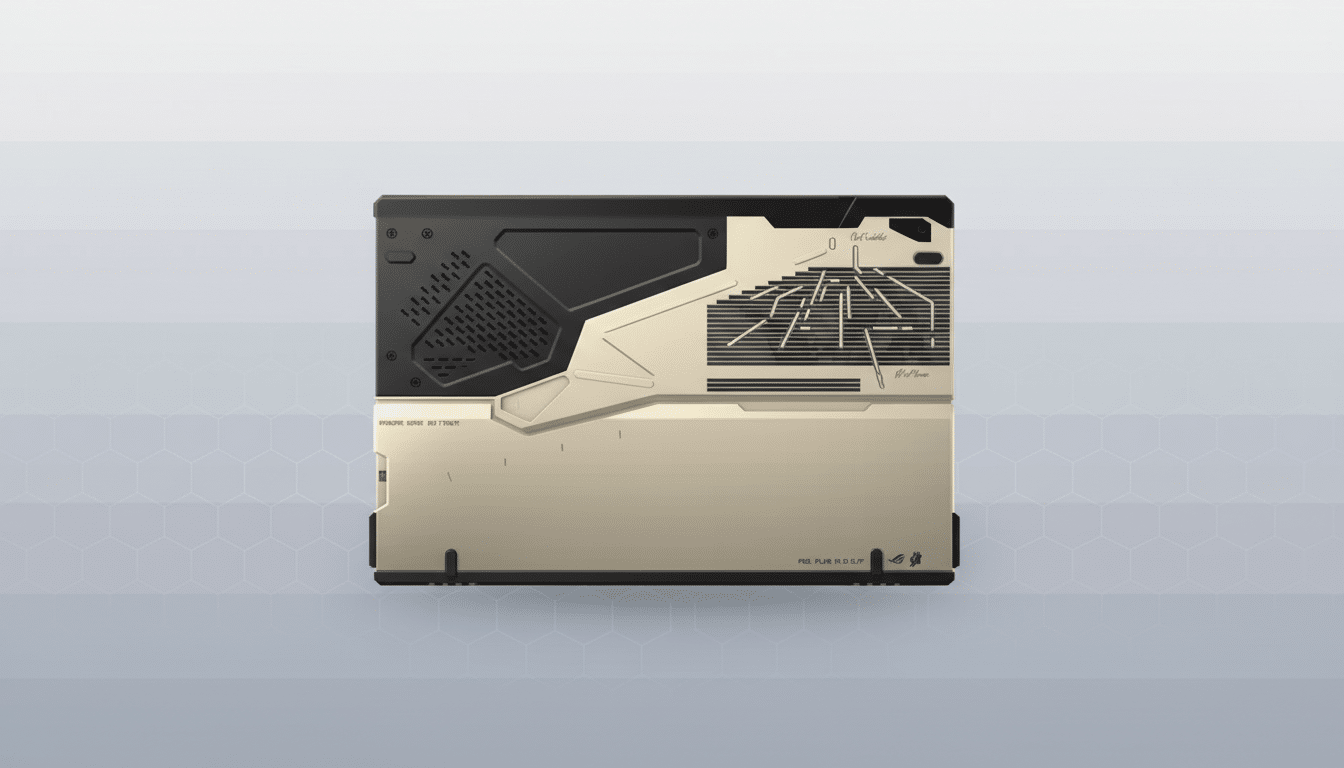 A professional, enhanced image of a laptop in a 16:9 aspect ratio, featuring a black and beige design with geometric patterns and text, set against a subtle gray gradient background with a faint hexagonal pattern.