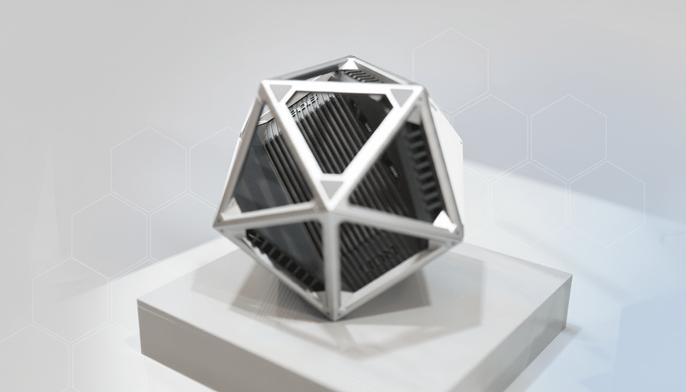 A professional image of a dodecahedron-shaped object with a metallic frame and dark interior, set against a clean, light background with subtle hexagonal patterns.