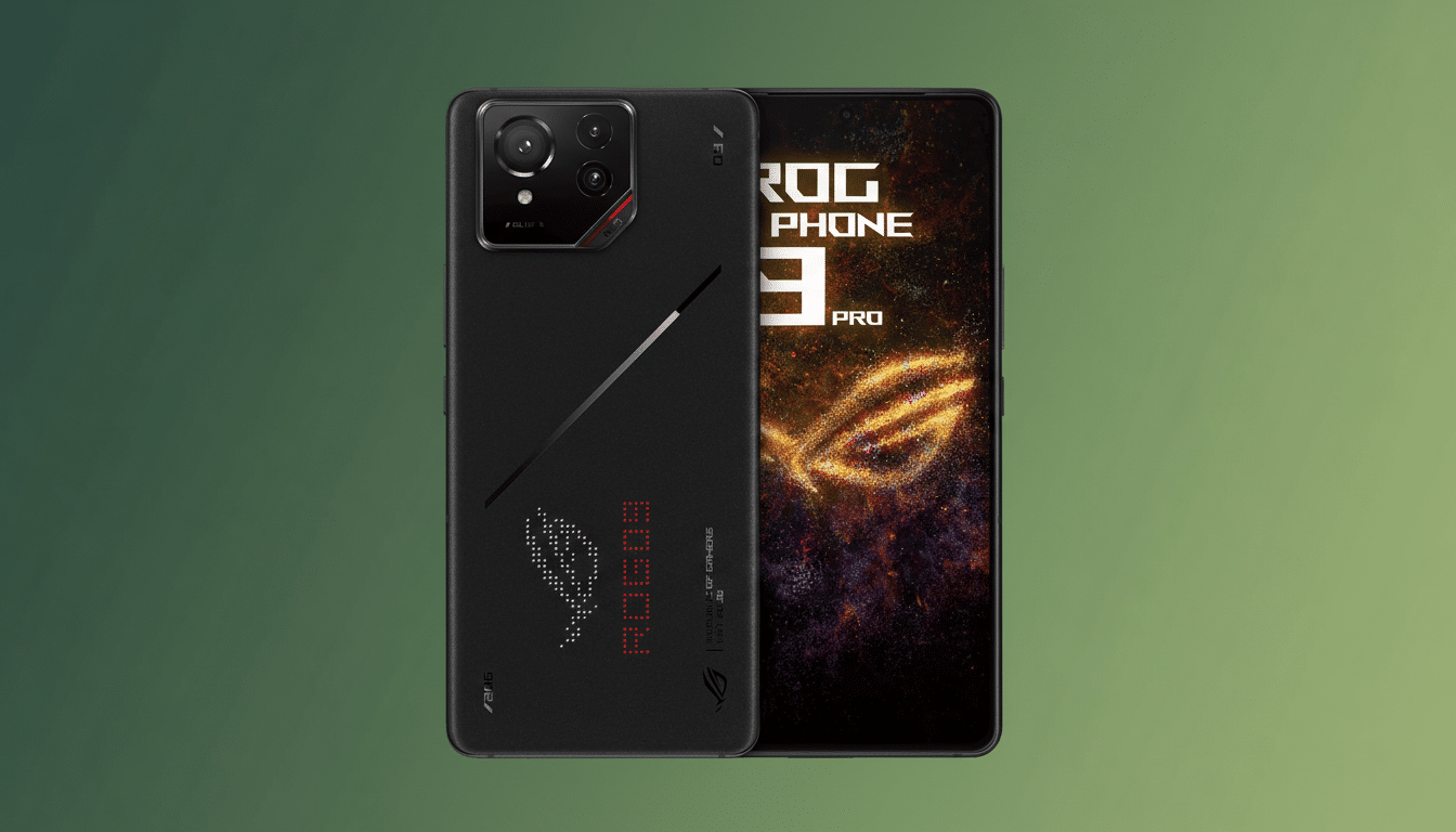 A black ROG Phone 9 Pro, with its back and screen visible, set against a professional green gradient background.