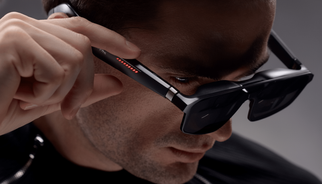 A man adjusting a pair of sleek black smart glasses with red indicator lights on the temple, set against a neutral background.