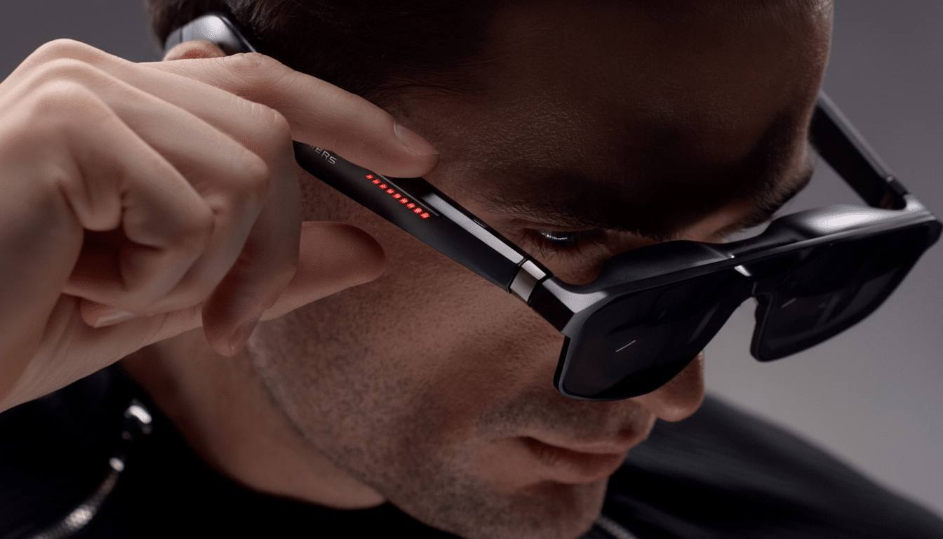 A man adjusting a pair of sleek black smart glasses with red indicator lights on the temple.