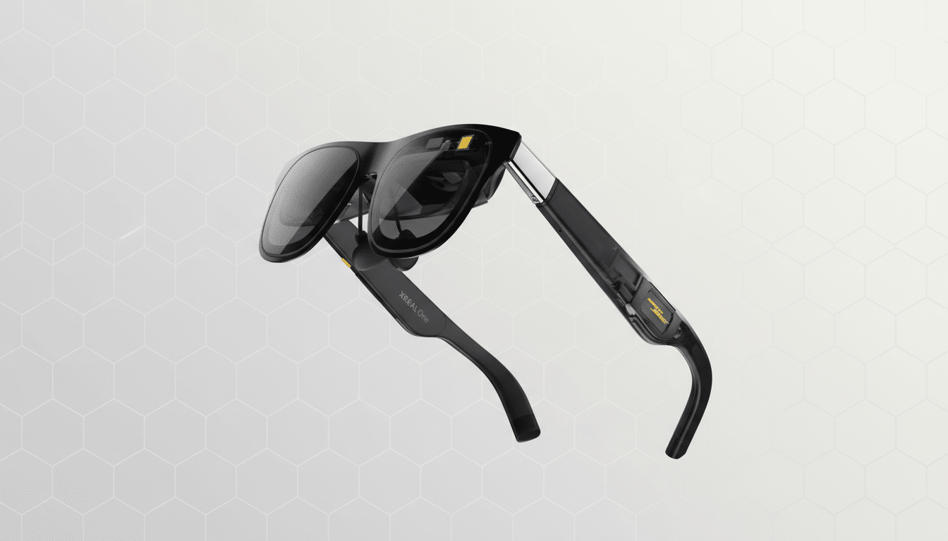 A pair of black XREAL One smart glasses with dark lenses and visible internal components, presented on a light gray background with a subtle hexagonal pattern.