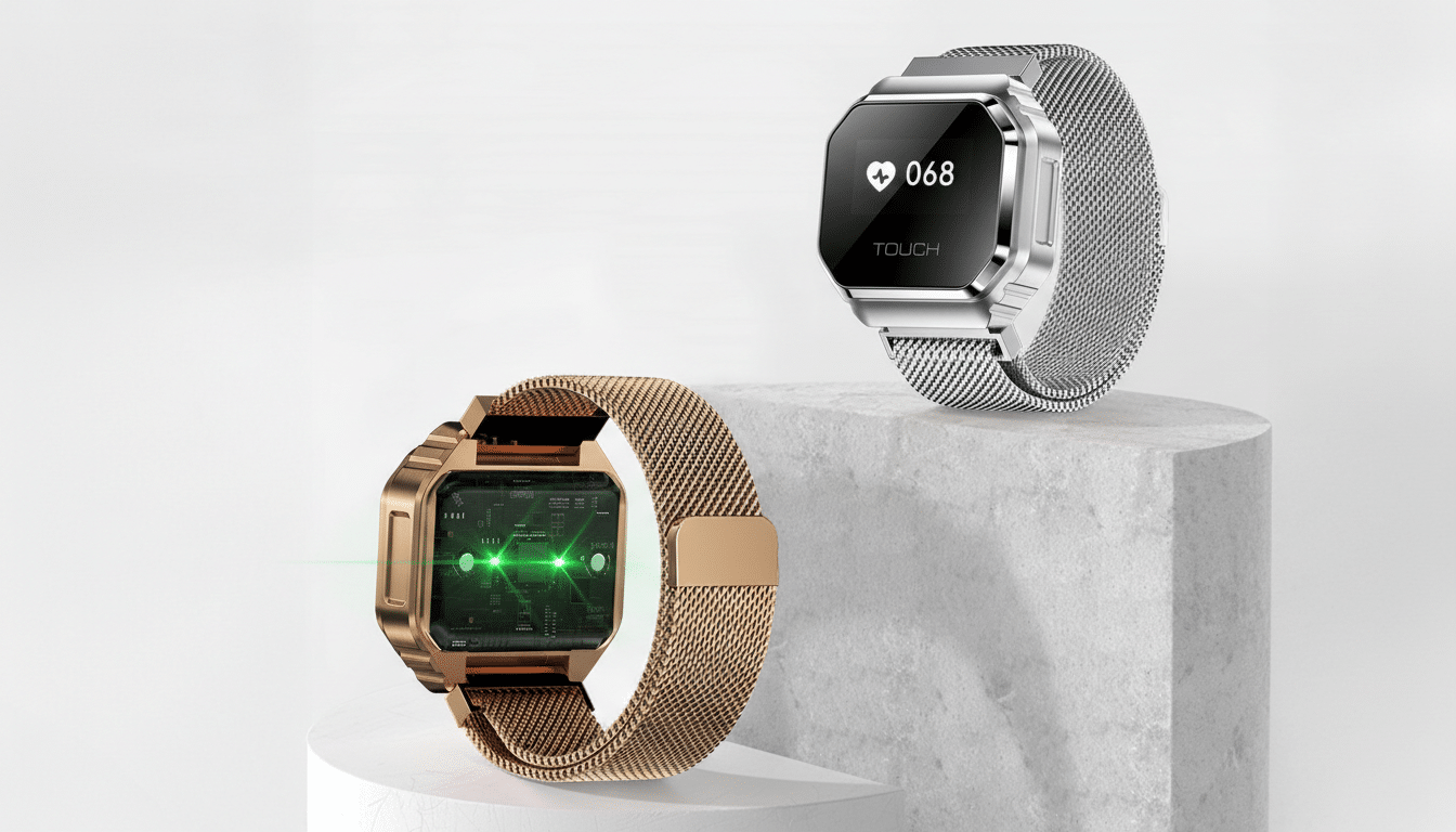 Two smartwatches, one silver and one gold, displayed on white and gray pedestals.