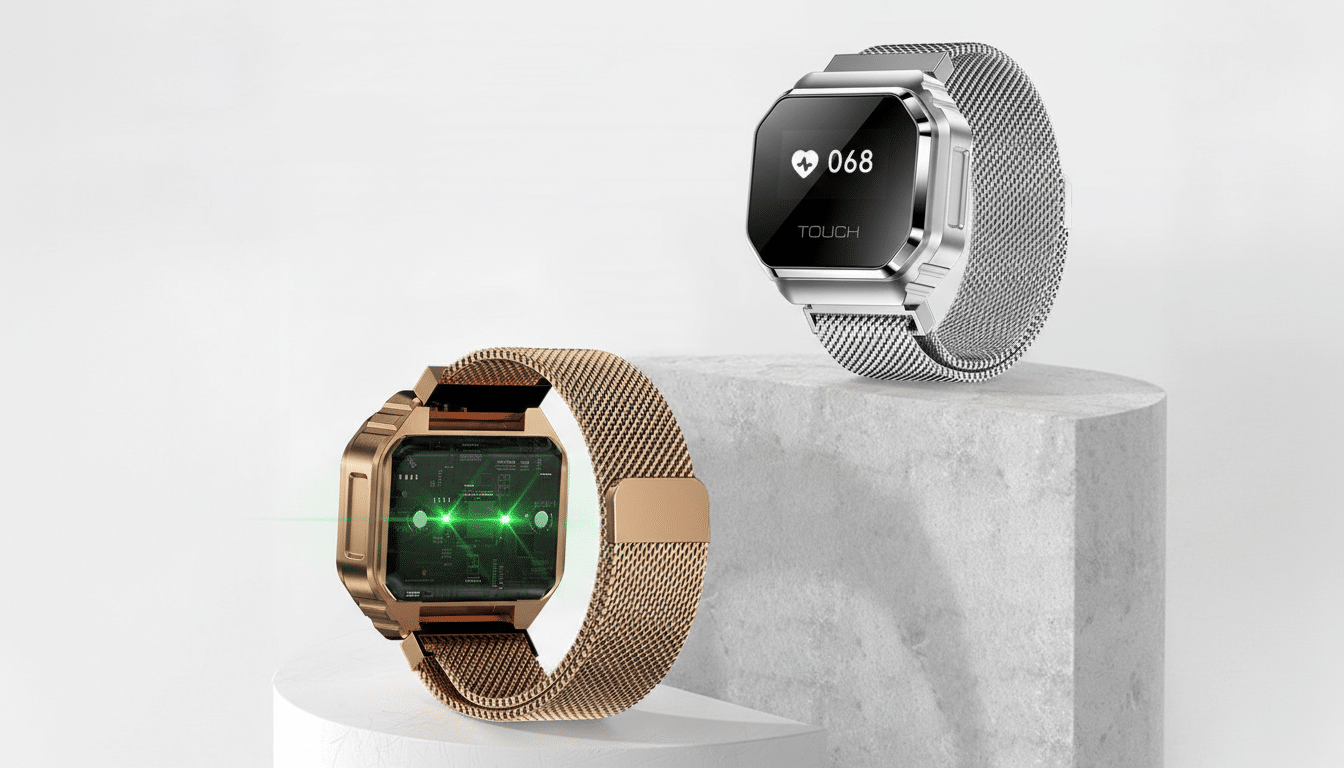 Two smartwatches, one silver and one gold, displayed on white pedestals against a clean, professional background.