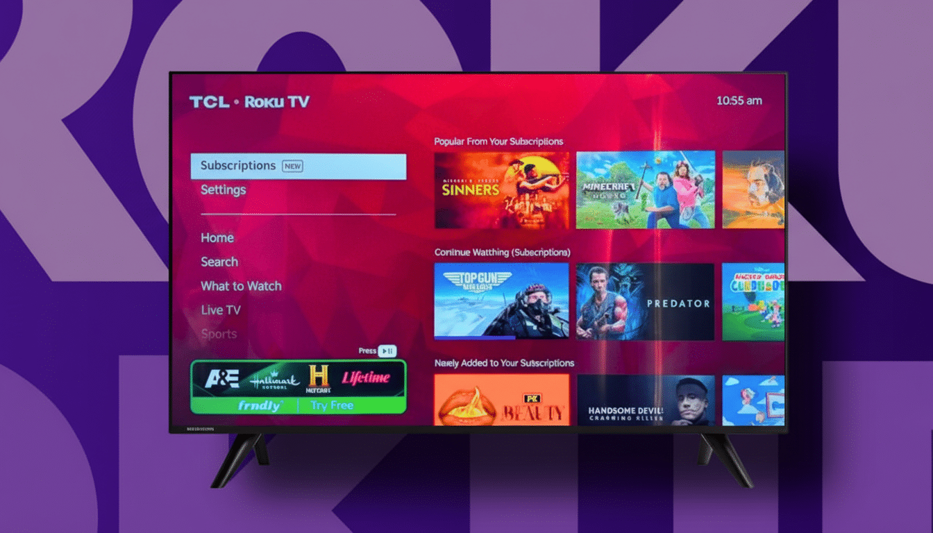 A TCL Roku TV displaying its home screen with various streaming content options.