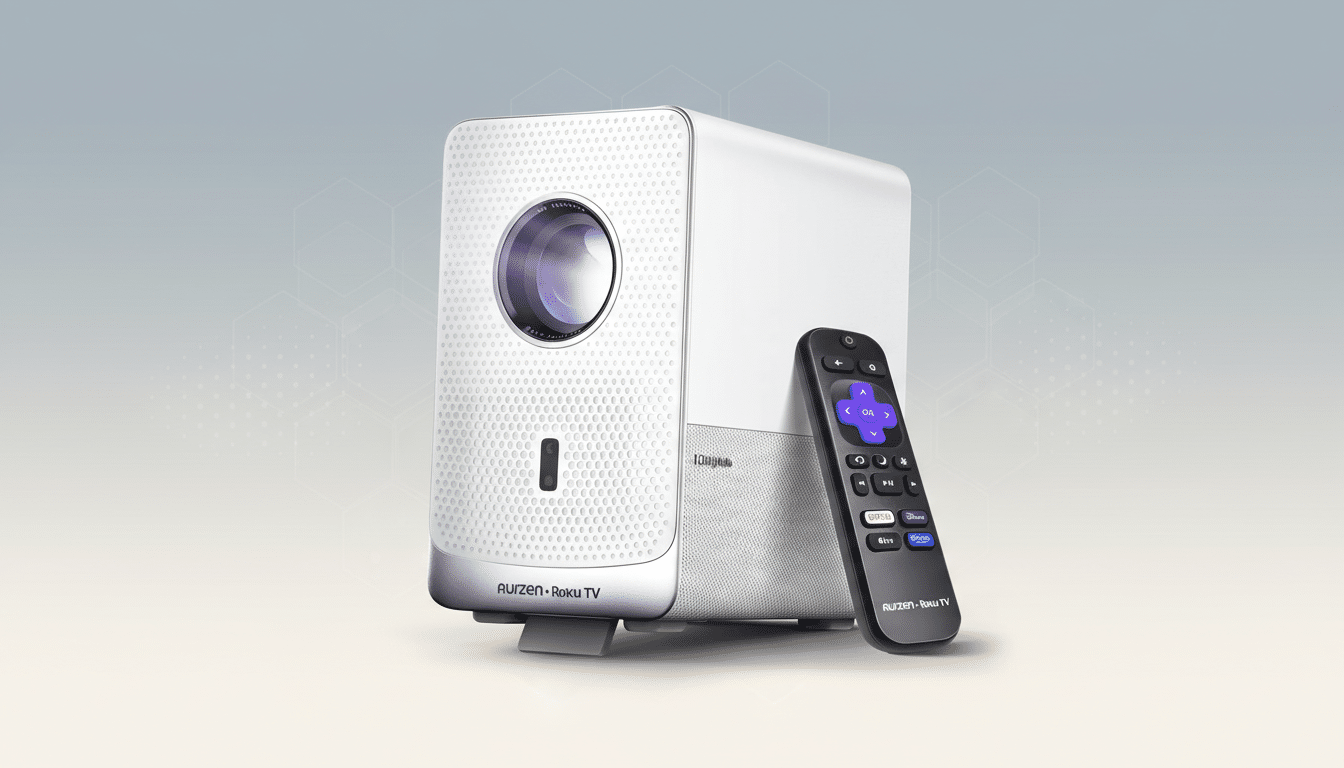 A white Aurzen Roku TV projector with a black remote control, set against a professional flat design background with soft patterns and gradients.