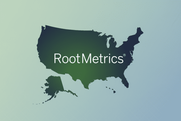 The RootMetrics logo, featuring the company name in white text over a dark green and blue gradient map of the United States, is presented on a professional 16:9 aspect ratio background with a soft, light blue and green gradient.