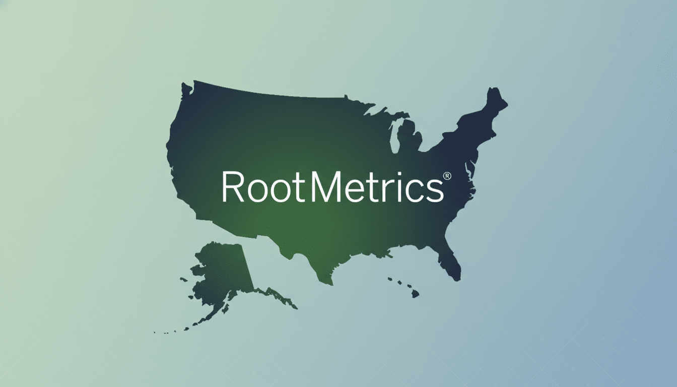 The RootMetrics logo, featuring the company name in white text over a dark green and blue gradient map of the United States, is presented on a professional 16:9 aspect ratio background with a soft, light blue and green gradient.