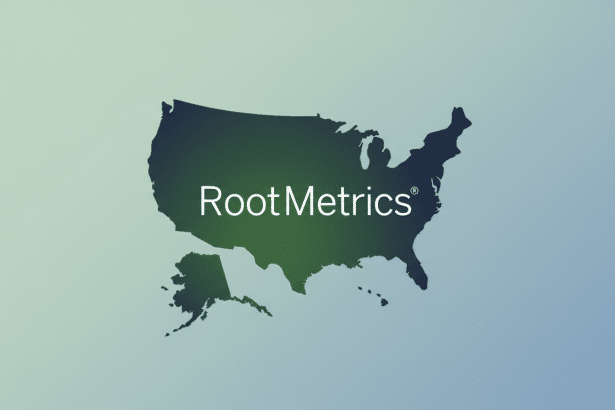The RootMetrics logo, featuring the company name in white text over a dark green and blue gradient map of the United States, is presented on a professional 16:9 aspect ratio background with a soft blue and green gradient and subtle geometric patterns.