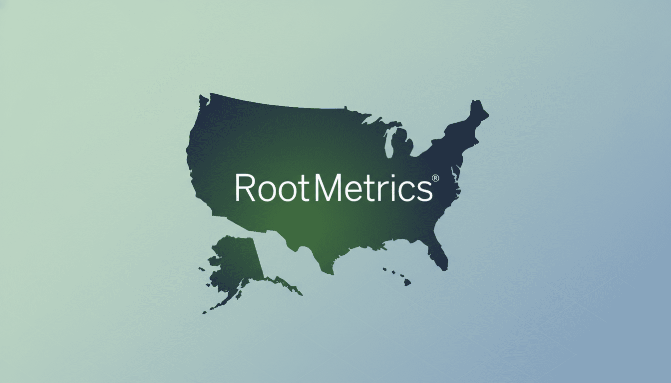 The RootMetrics logo, featuring the company name in white text over a dark green and blue gradient map of the United States, is presented on a professional 16:9 aspect ratio background with a soft blue and green gradient and subtle geometric patterns.