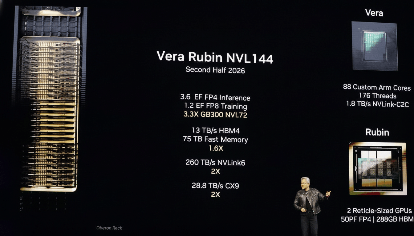 A presentation slide detailing the Vera Rubin NVL144 with specifications, an image of a large server rack, and a smaller image of the Vera and Rubin chips. A man in a black jacket is standing at the bottom right of the slide, gesturing towards the content.