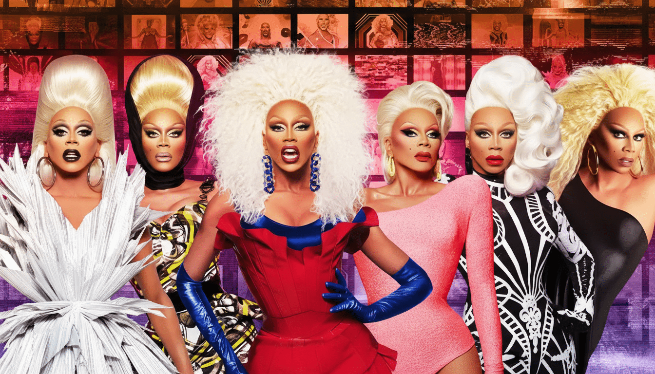 A group of drag queens, including RuPaul, posing in elaborate outfits and wigs against a background of smaller images.