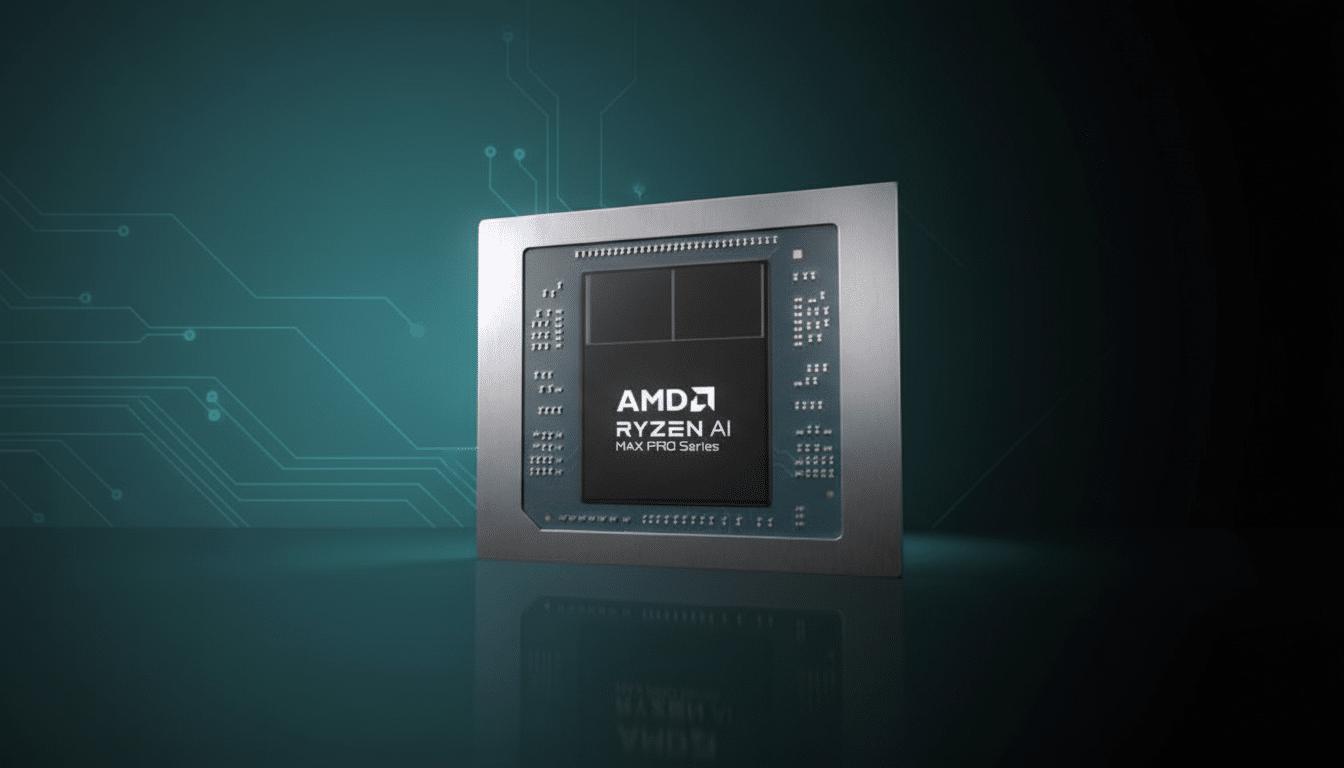 An AMD Ryzen AI Max Pro Series chip on a dark background with subtle teal circuit board patterns.