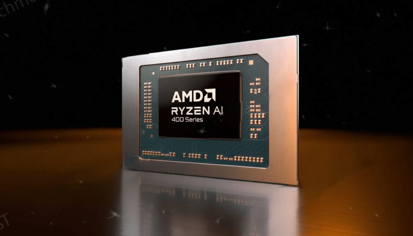 An AMD Ryzen AI 400 Series chip, professionally enhanced and resized to a 16:9 aspect ratio, maintaining its original background.
