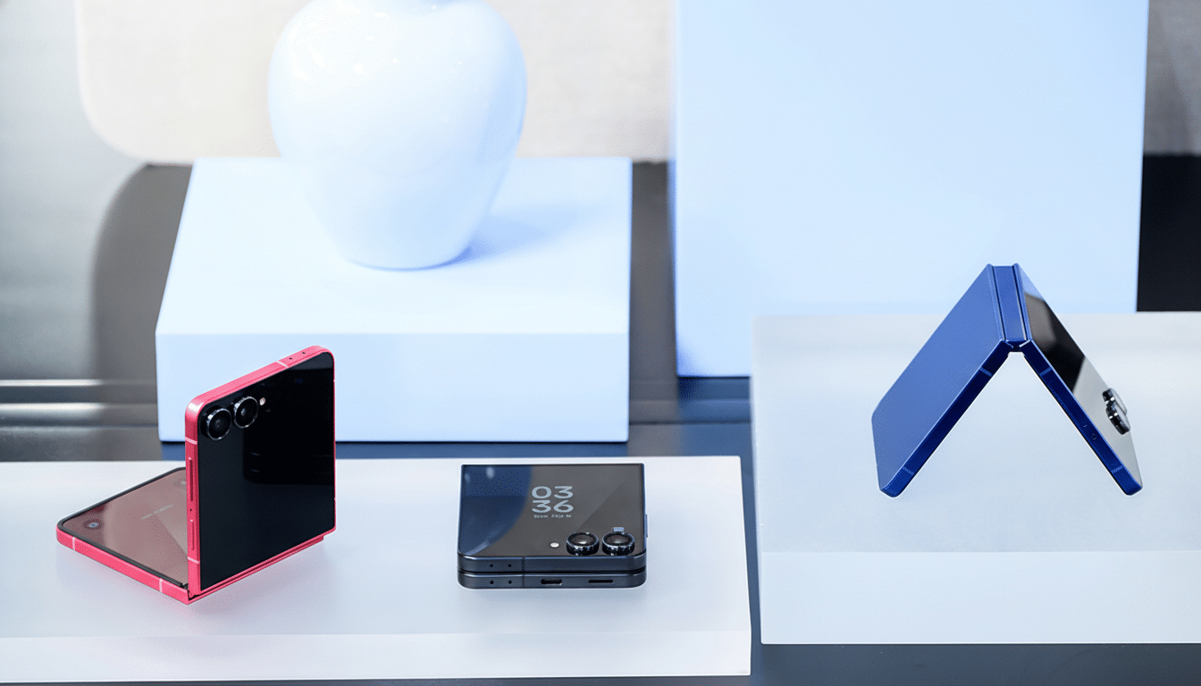 Three Samsung Galaxy Z Flip phones displayed on white and clear platforms. One red phone is open, one black phone is closed, and one blue phone is partially folded.