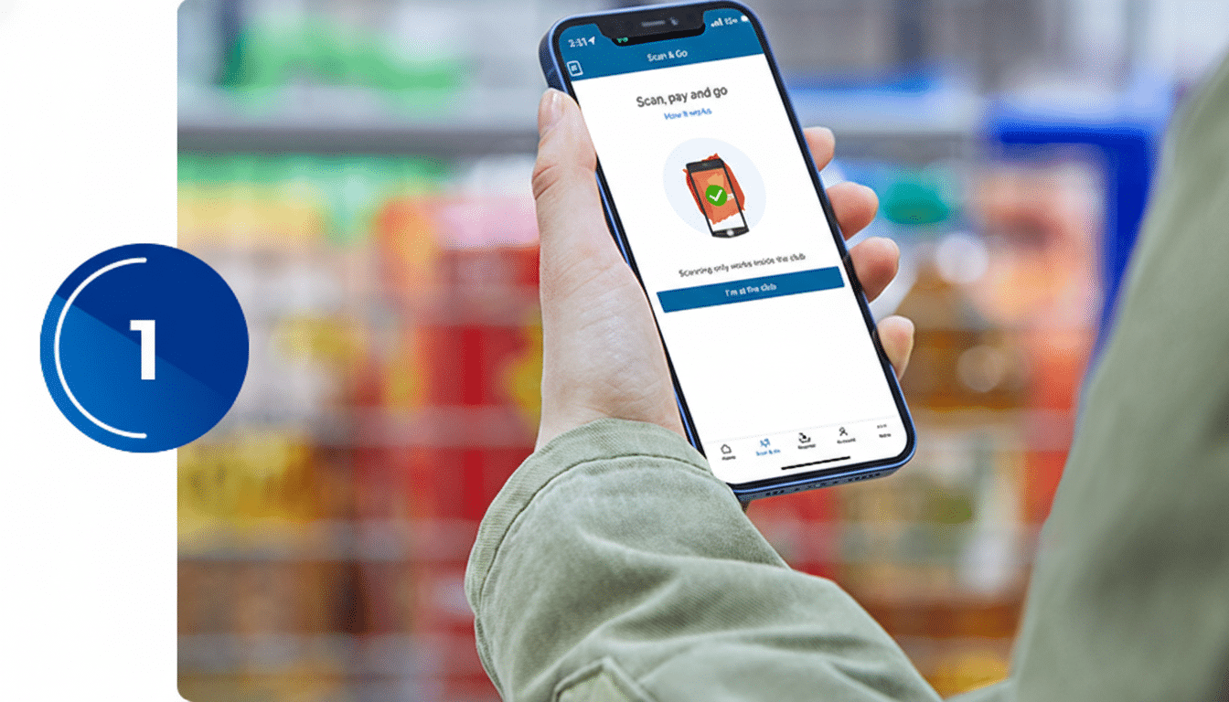 A person holding a smartphone displaying the Scan & Go app in a store aisle.