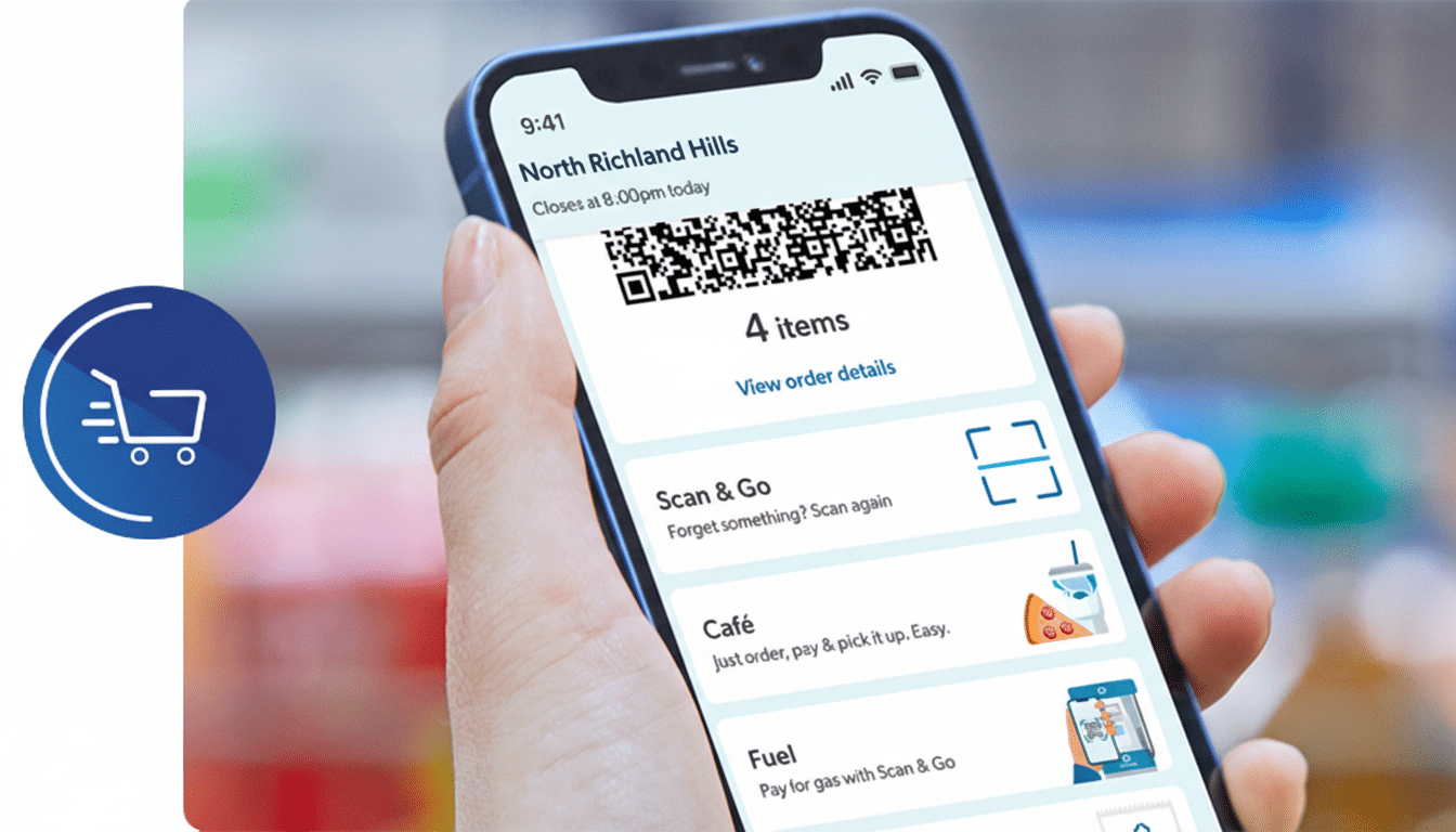 A hand holding a smartphone displaying a shopping app with a QR code and options for Scan & Go, Café, and Fuel.
