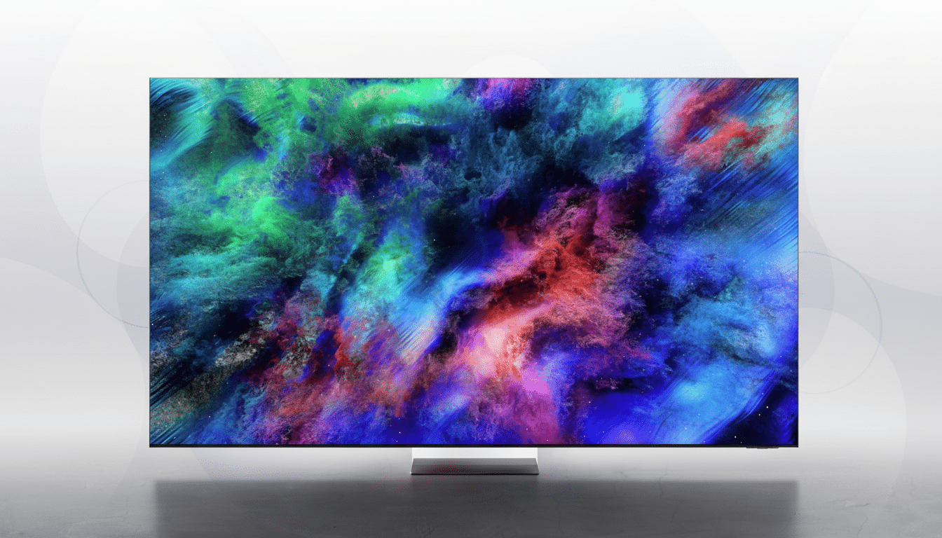 A modern television displaying a vibrant, colorful abstract image, set against a professional flat design background with subtle patterns.