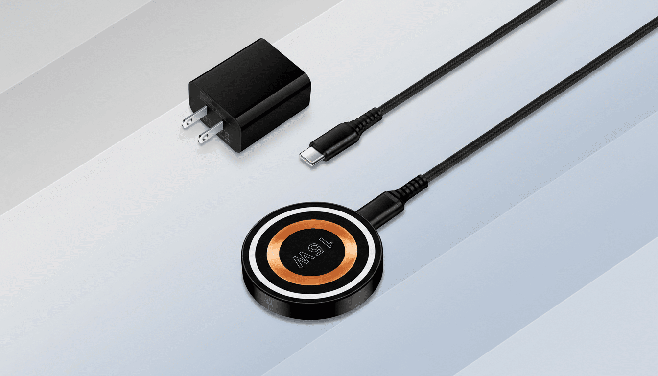 A black 15W wireless charger, a black USB-C cable, and a black wall adapter are arranged on a light gray background with subtle diagonal stripes.