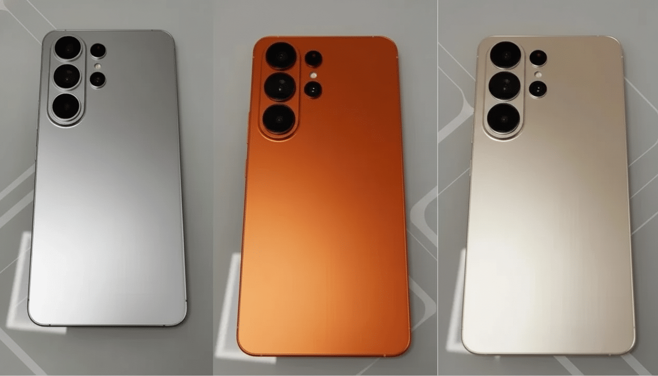 Three smartphones in silver, orange, and gold, arranged vertically side-by-side, showcasing their rear camera designs.