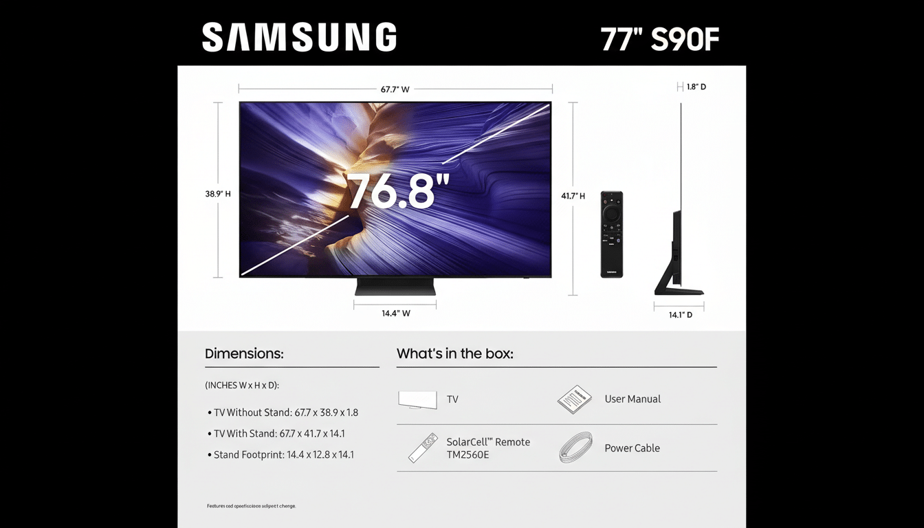A professional image of a Samsung 77 S90F TV, resized to a 16:9 aspect ratio. The original product details, including dimensions and Whats in the box section, are preserved on a clean, dark gray background with a subtle gradient.