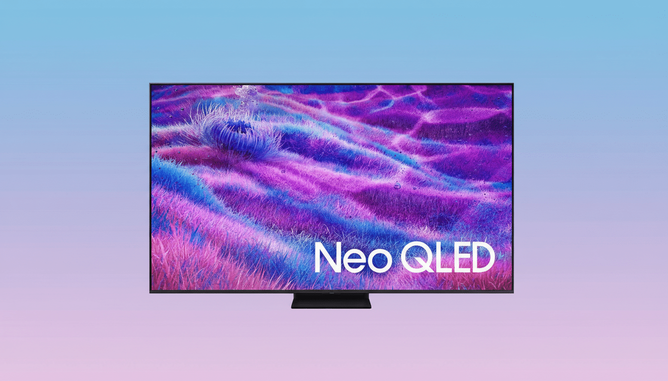 A Neo QLED television displayed against a soft gradient background in a 16:9 aspect ratio.
