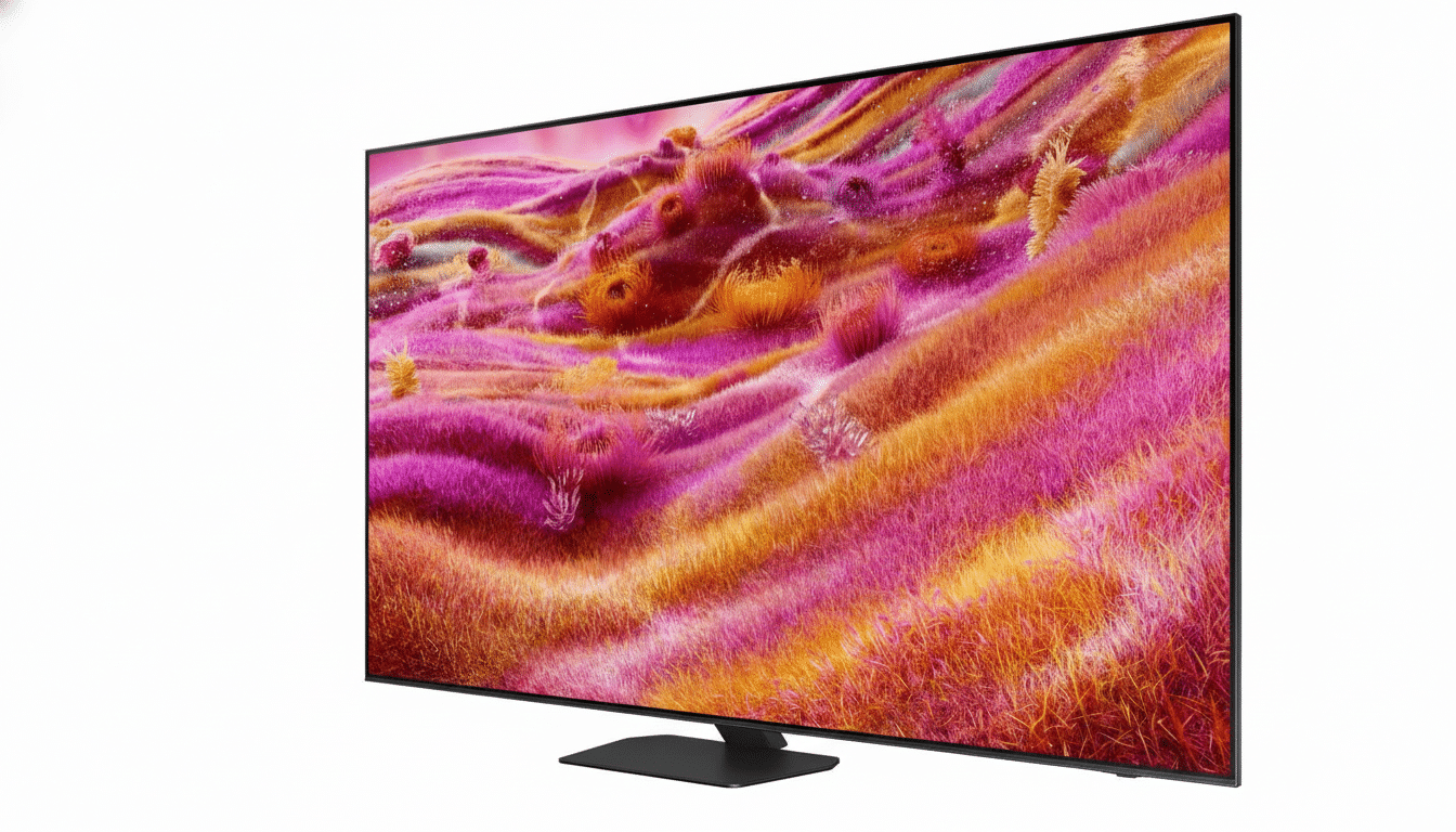 A sleek, modern television displaying a vibrant, abstract landscape with pink and orange hues, set against a clean white background.