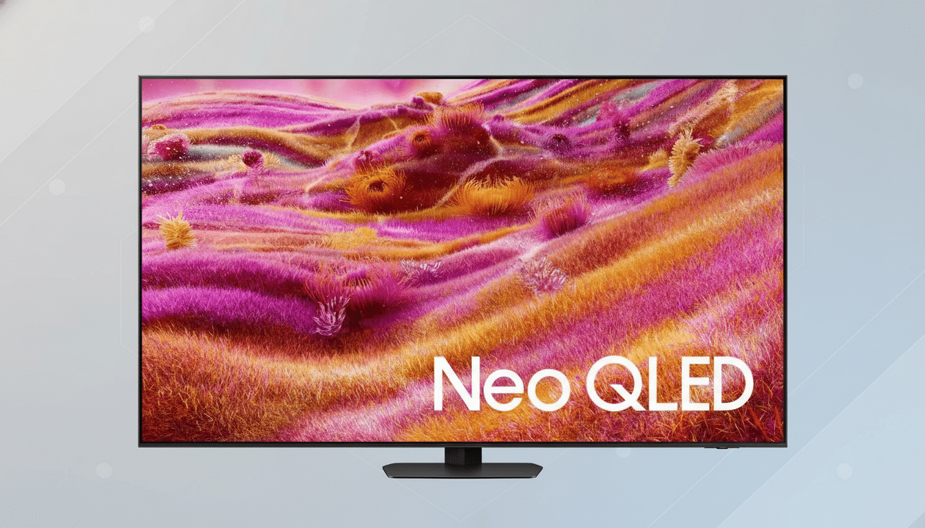 A Neo QLED television displaying a vibrant, abstract image of pink and orange textured forms, set against a professional light gray background with subtle geometric patterns.