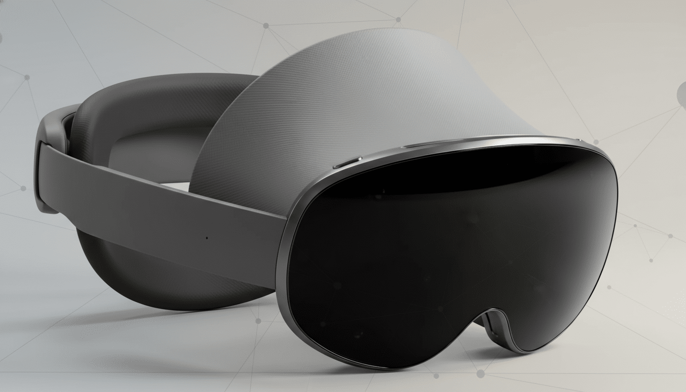A sleek, dark gray virtual reality headset with a black visor, presented on a professional flat design background with subtle geometric patterns and a soft gradient.