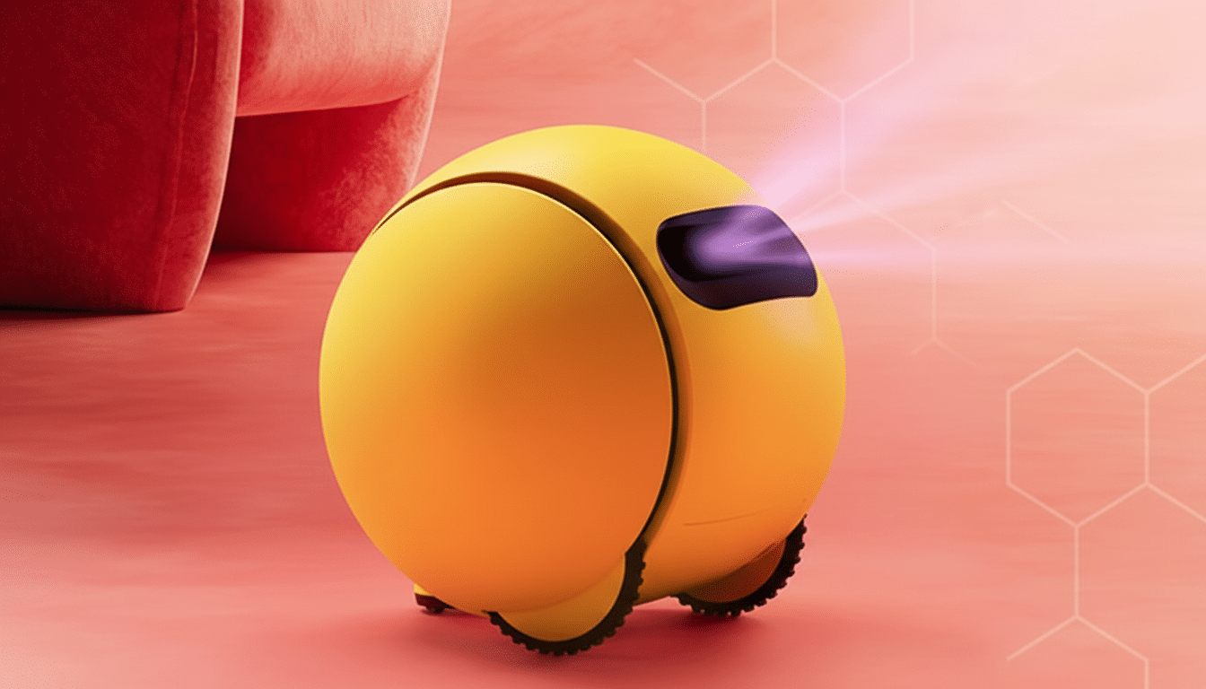A yellow spherical robot with a projector lens emitting light, set against a pink background with subtle hexagonal patterns.