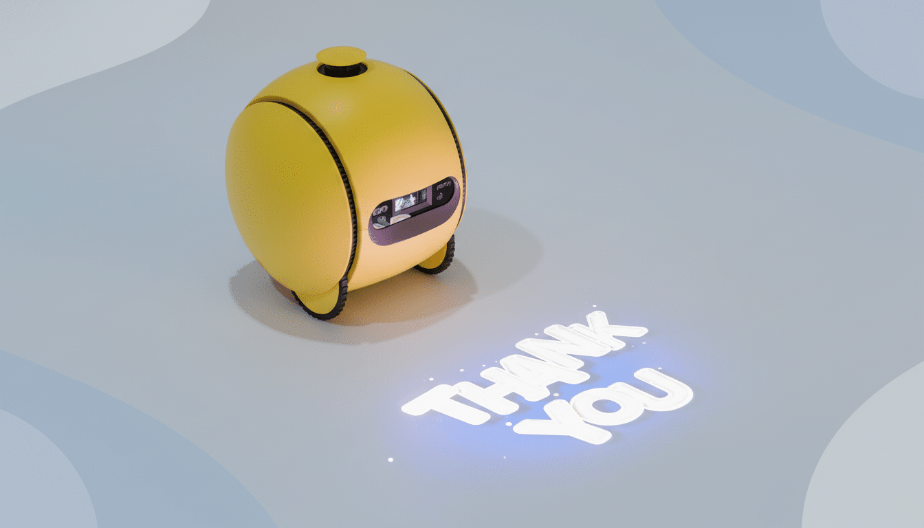 A yellow, egg-shaped robot projects the words THANK YOU onto a professional flat design background with soft patterns.