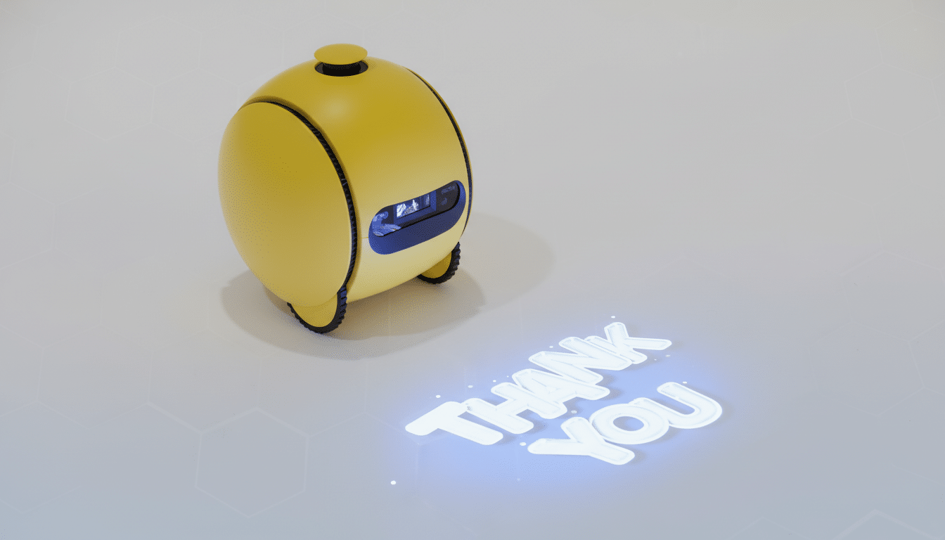 A yellow, spherical robot with wheels projects the words THANK YOU onto a light gray surface with a subtle hexagonal pattern.
