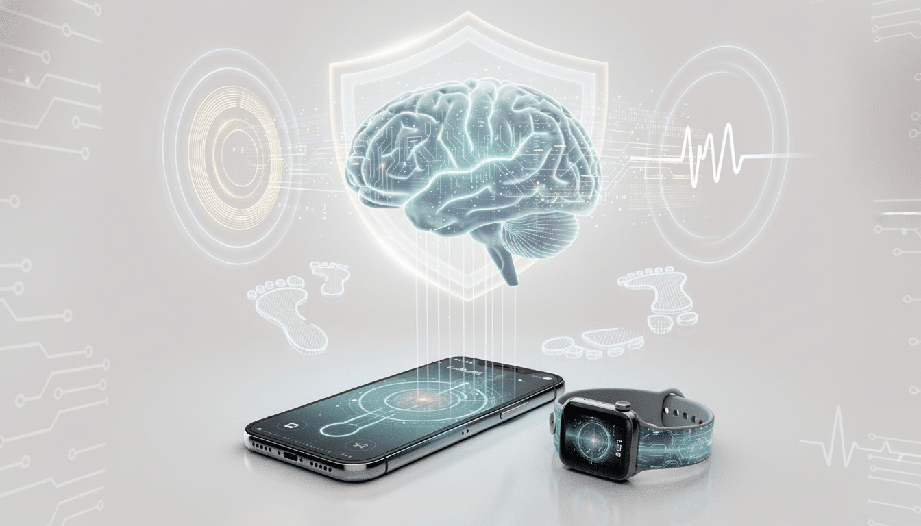 A 16:9 aspect ratio image showing a glowing brain above a smartphone and a smartwatch, with data lines connecting them, all set against a professional flat design background with soft patterns.