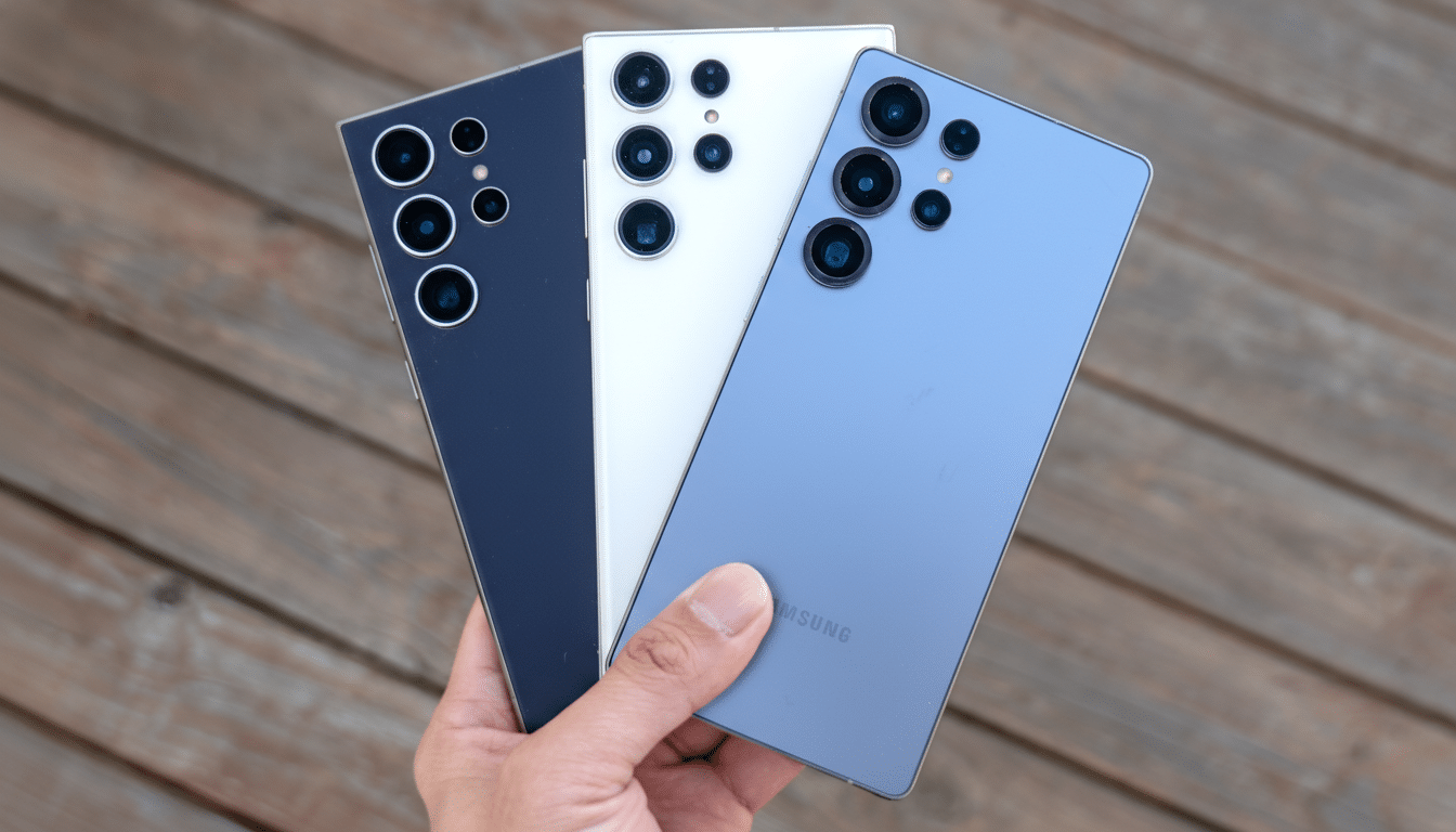 A hand holding three Samsung Galaxy S23 Ultra phones in black, white, and blue, against a wooden background.