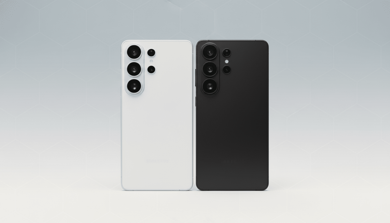 A white and a black smartphone are displayed side-by-side against a professional flat design background with soft patterns.
