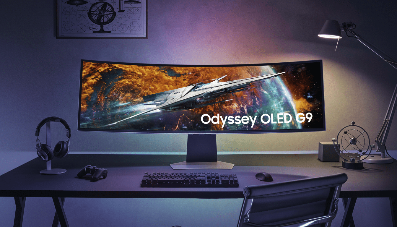 A Samsung Odyssey OLED G9 monitor displaying a spaceship scene, set on a desk with gaming peripherals and a desk lamp.