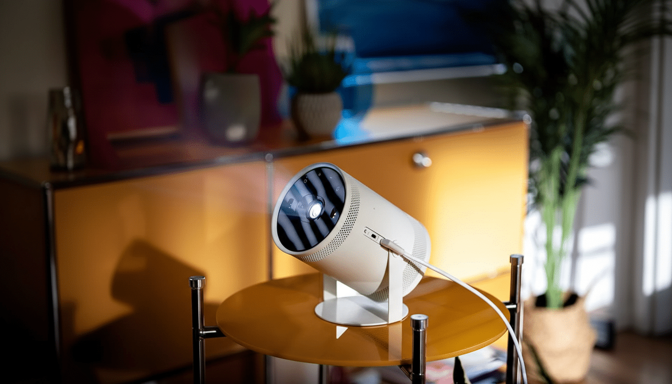 A white cylindrical projector with a stand, connected by a white cable, sits on a round, amber-colored table. In the background, a blurred living room setting includes a yellow cabinet, potted plants, and colorful artwork.