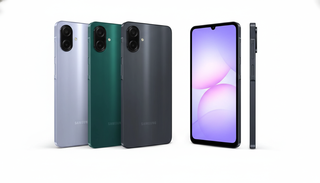 Three Samsung smartphones in light purple, green, and dark gray, with one phone displayed from the front and side, against a white background.