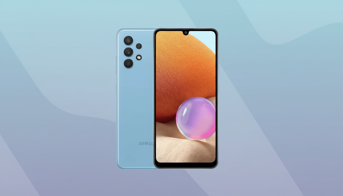 A light blue Samsung smartphone is displayed in a 16:9 aspect ratio. The phone is shown from the front and back, with the screen displaying a colorful abstract image. The background is a professional flat design with soft blue and purple gradients and subtle wave patterns.