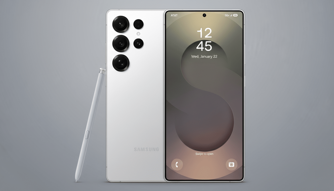 A white Samsung smartphone with its back facing forward, displaying multiple camera lenses, next to another white Samsung smartphone showing its screen with the time 12:45 and date Wednesday, January 22. A light blue stylus is positioned to the left of the phones. The background is a professional flat design with soft gray gradients.