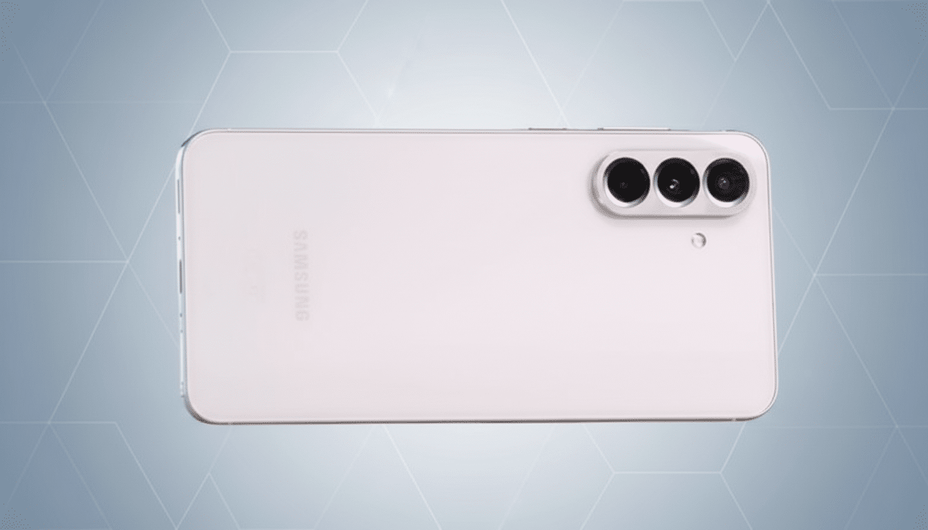 A white Samsung smartphone with a triple camera setup on a professional flat design background with soft patterns.