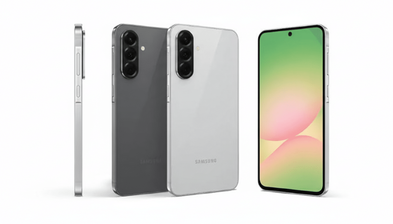 A professional studio shot of two Samsung smartphones, one in dark gray and one in white, displayed with a side view of a third phone, all against a clean white background.