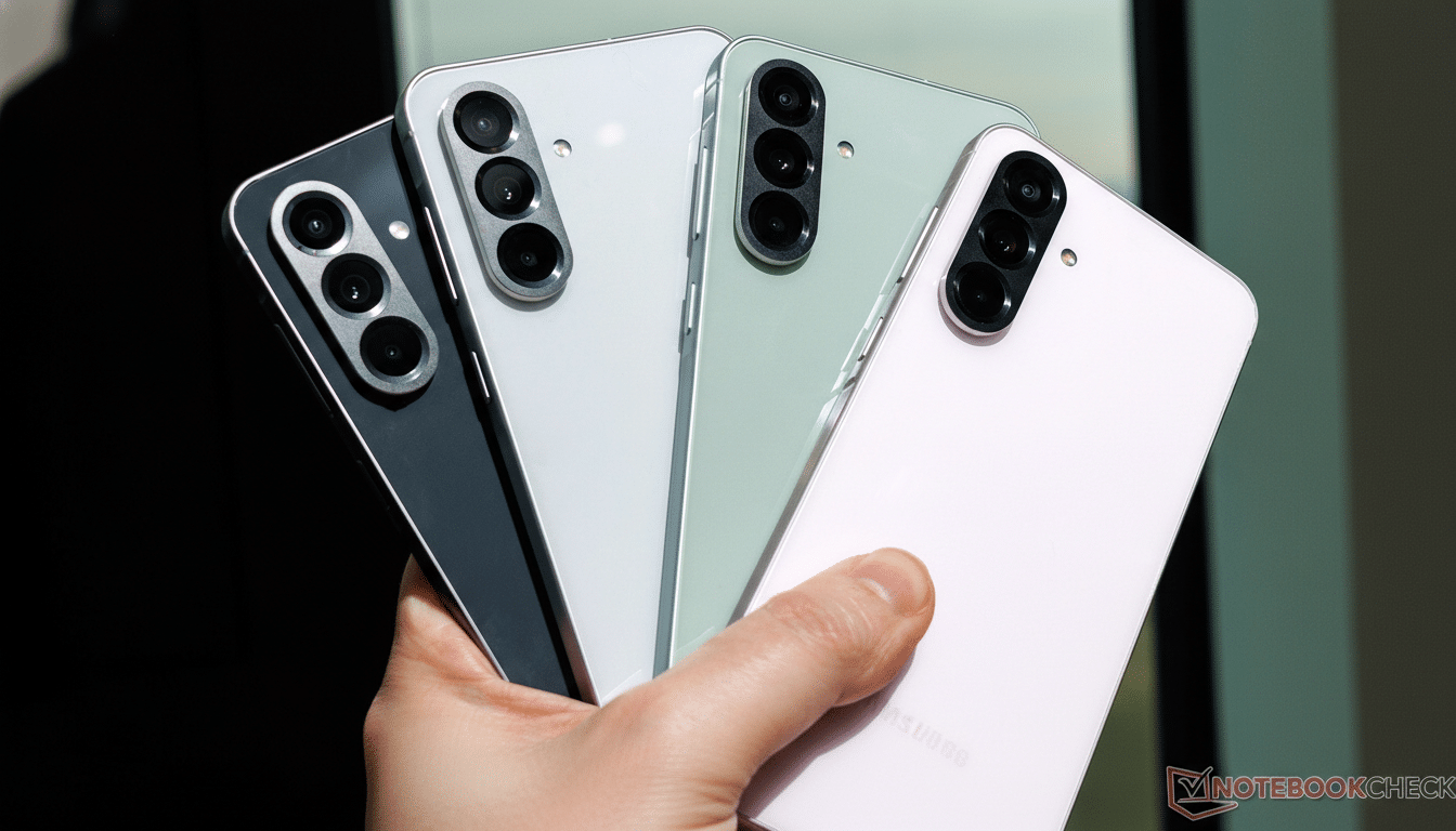 A hand holding four Samsung Galaxy S23 FE phones in black, white, mint, and purple, presented in a 16:9 aspect ratio.