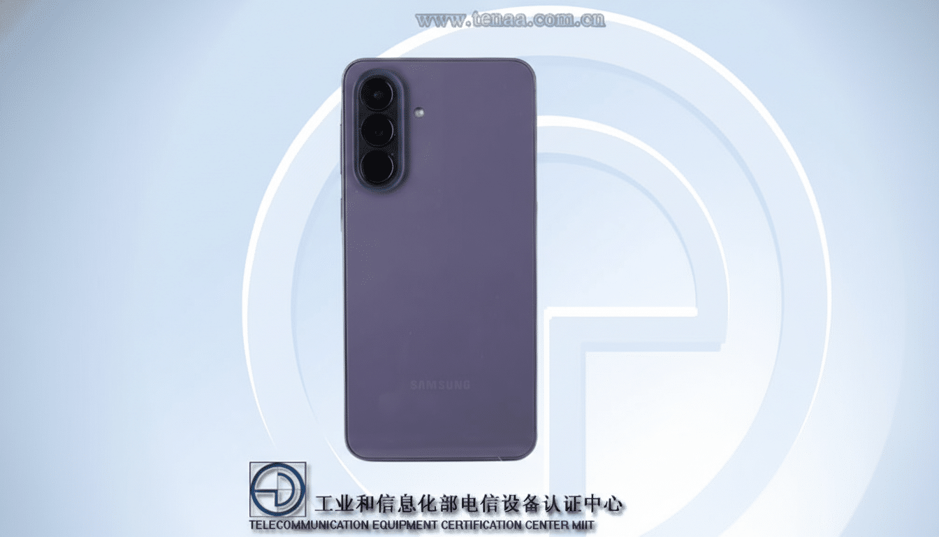 A purple Samsung smartphone with three camera lenses on the back, presented in a 16:9 aspect ratio with its original background.