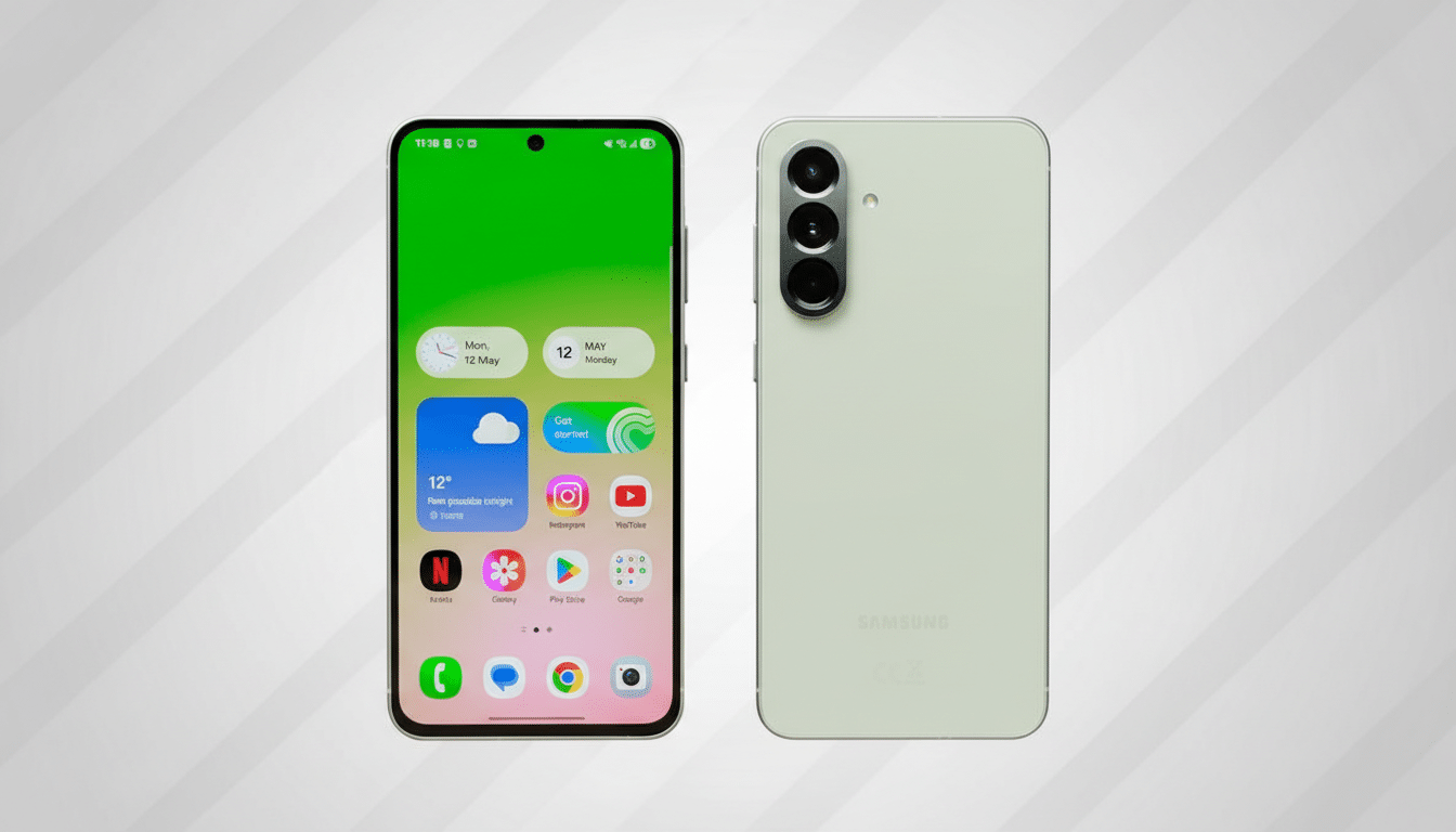 A Samsung Galaxy S23 FE smartphone is displayed in a 16:9 aspect ratio. The front of the phone shows the home screen with various app icons and widgets, while the back of the phone is visible next to it, showcasing its camera module and light green finish. The background is a professional flat design with soft diagonal patterns.